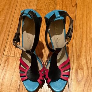 Rio Couture Leather Vintage-Inspired  Hot Pink Turquoise Black Heels Size 6